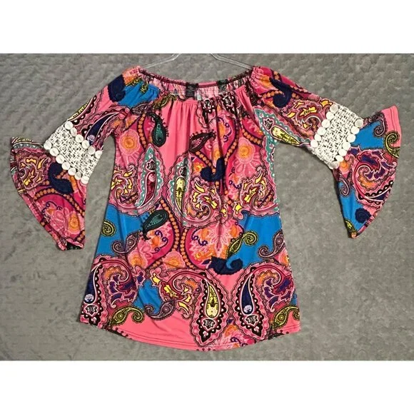 Win Win Women’s Paisley Print Tunic w/ Lace Bell Pinwheel Sleeves L-XL Pink Blue - Picture 3 of 6